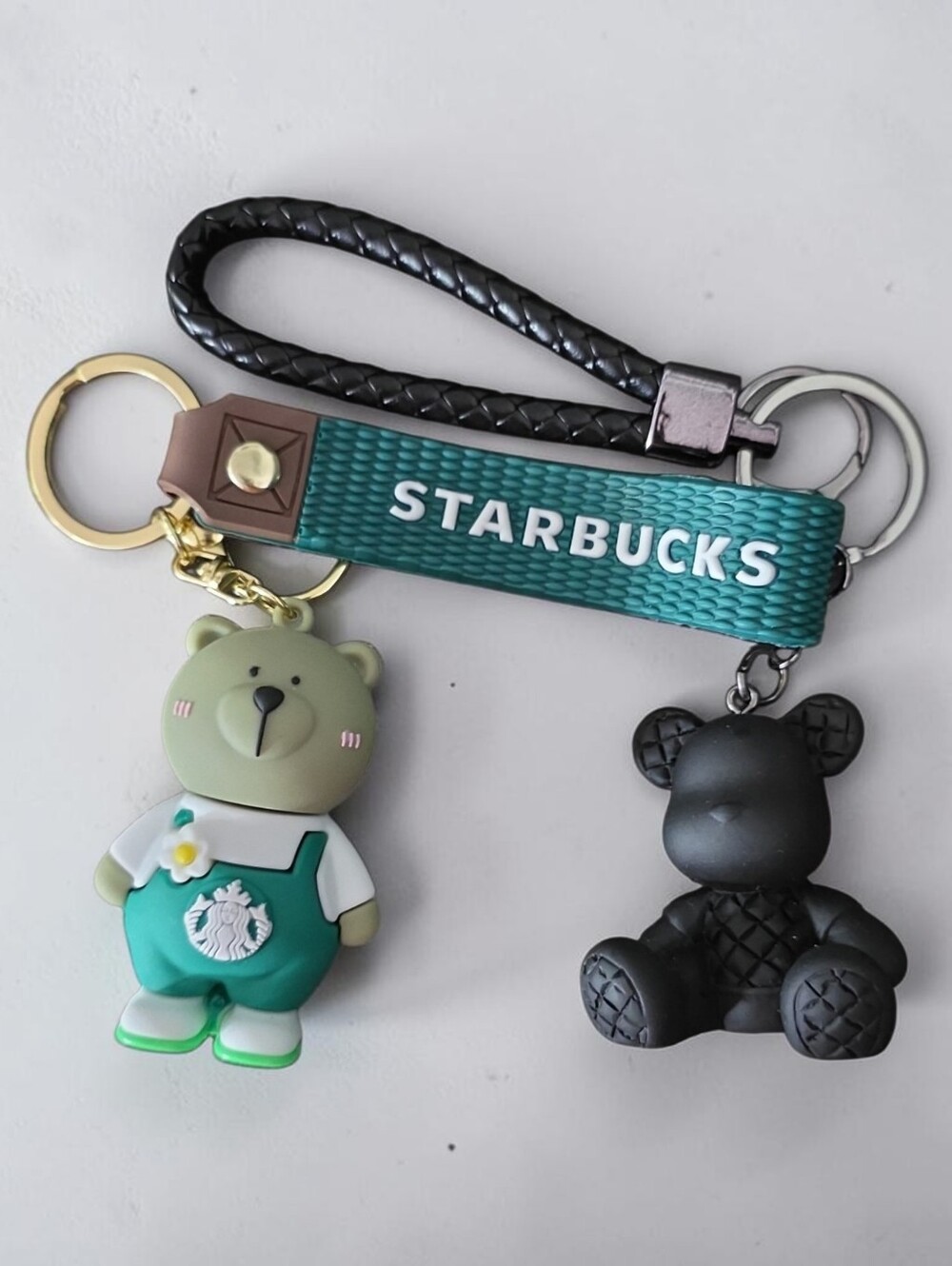 Starbucks Green and Black Bear Keychain Duo with Braided Strap